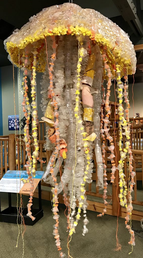 A jellyfish sculpture made from ocean debris