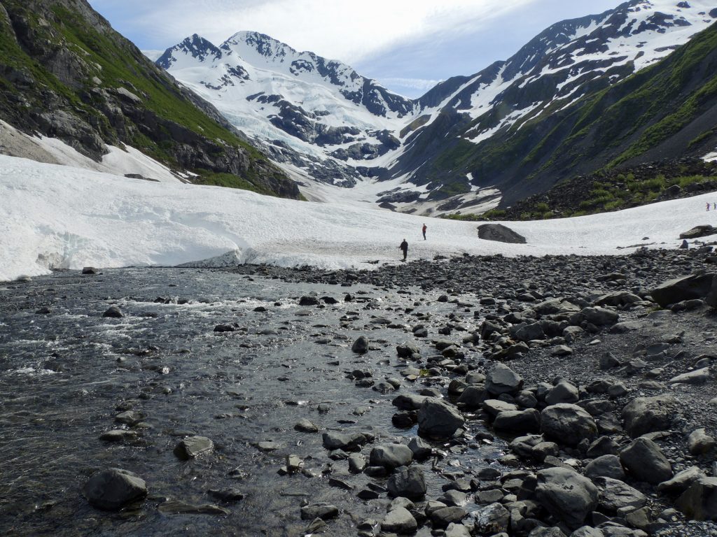 Meltwater from the glacier feeds a rushing creek below it.