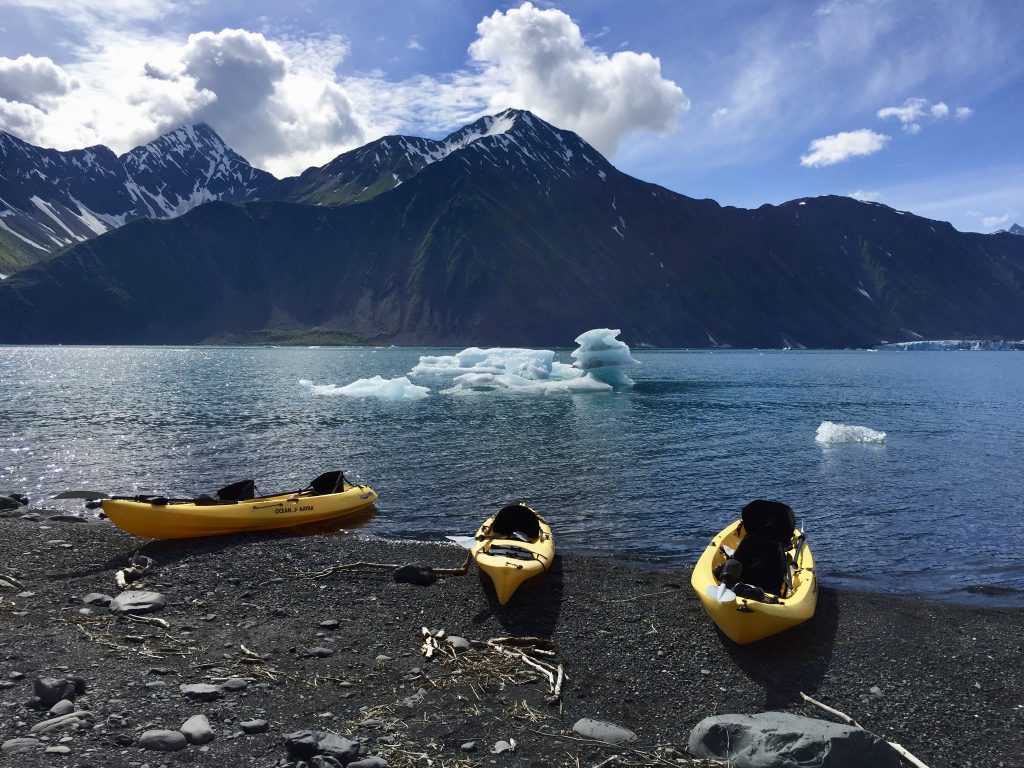 Our kayaks on the beach at our rest stop.