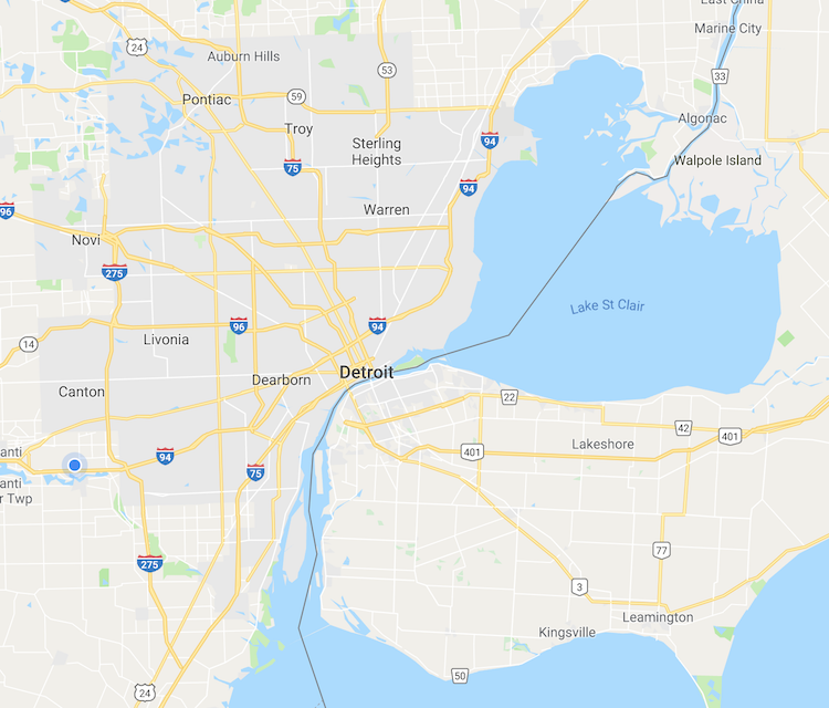 Detroit map with Canada to the south
