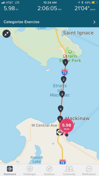 My Fitbit app tracked my mileage from the starting line in St. Ignace to the ferry dock in Mackinaw City